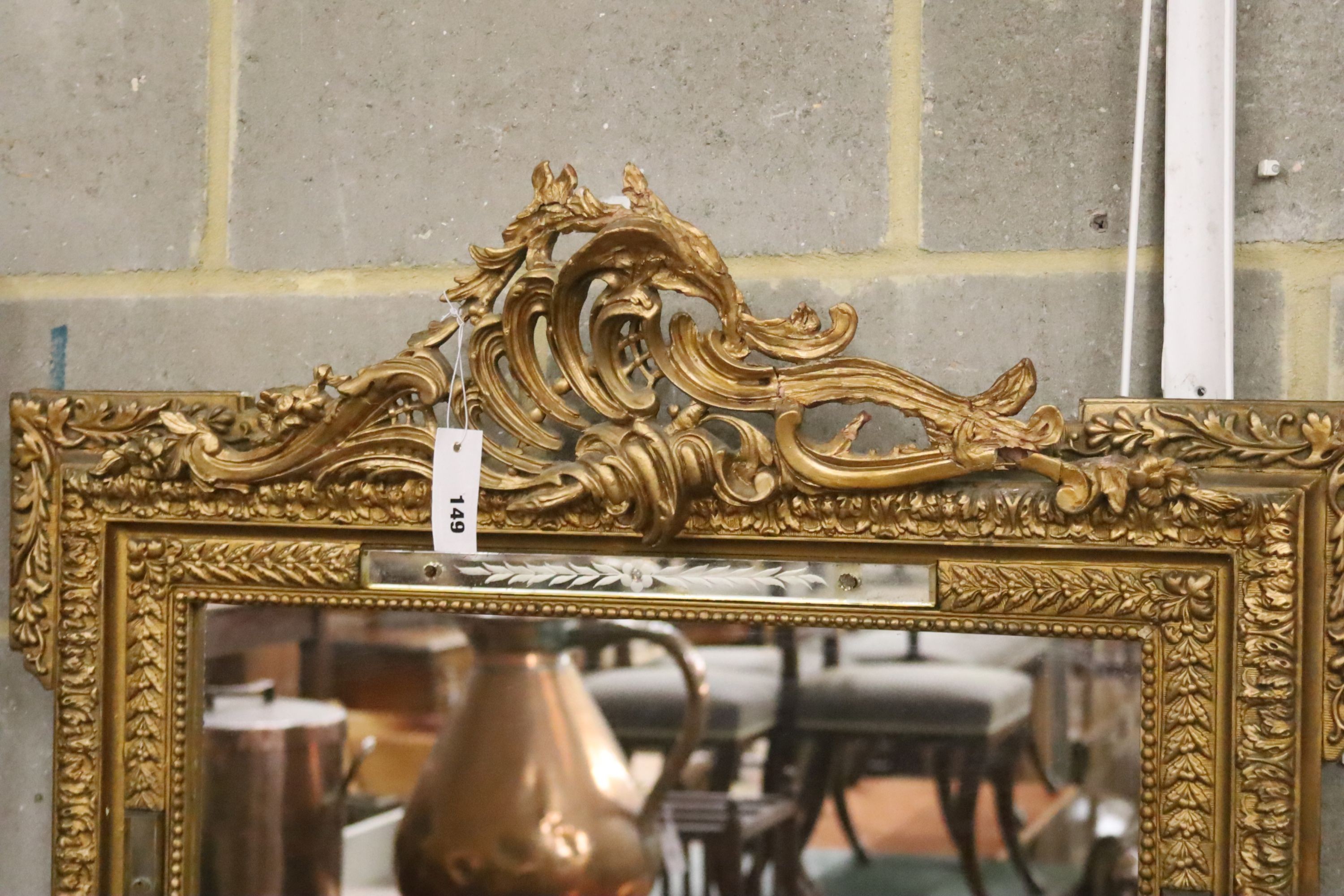 A late 19th century French giltwood and gesso mirror with etched marginal plates, width 82cm, height 125cm